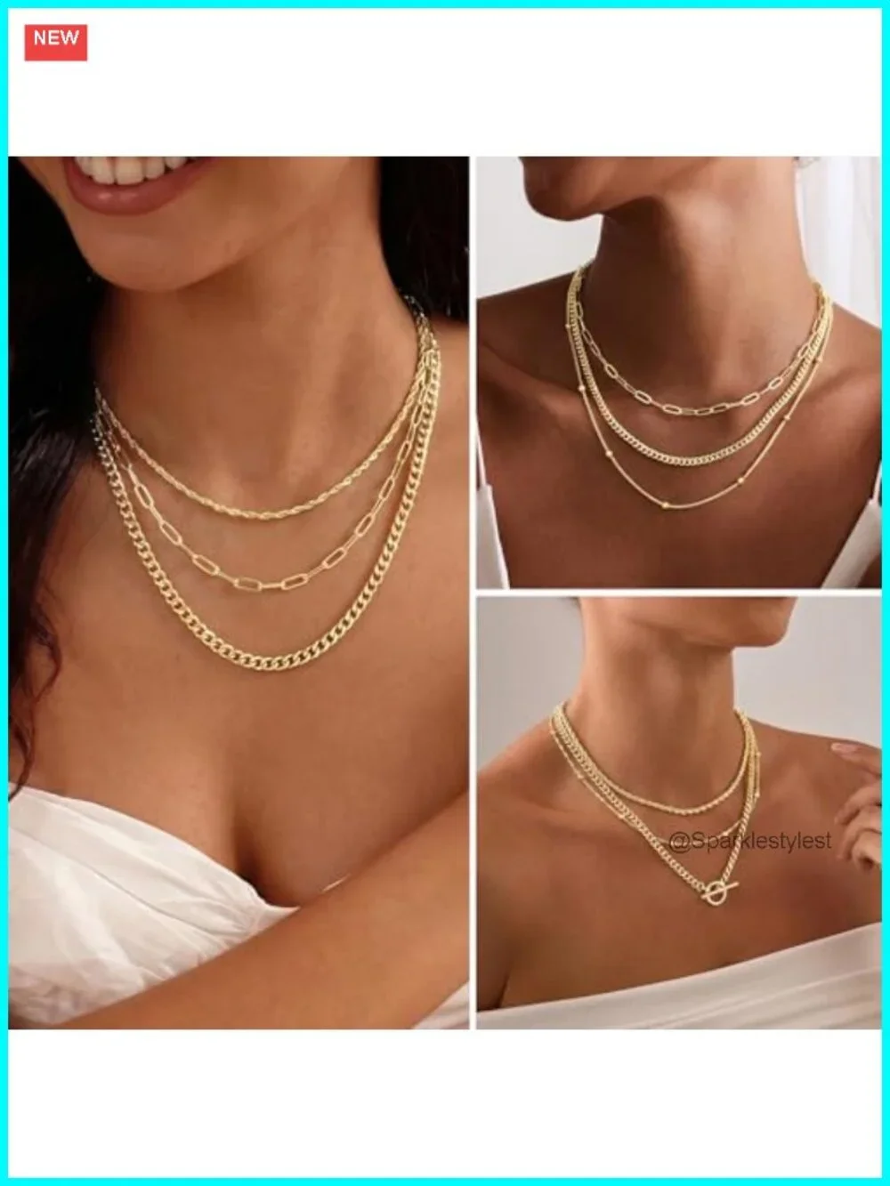 Layered Necklace Set 14K Gold Plated Cuban Paperclip Chain 15-17in